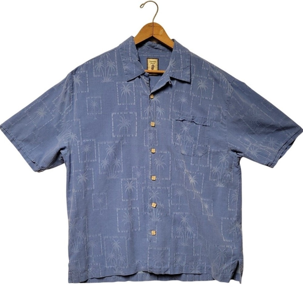 Jamaica Jaxx Silk Camp Shirt Mens Size XL Blue Palm Tree Short Sleeve Hawaiian